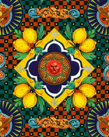 Amalfi wallpaper by Mind the Gap, featuring vibrant colours and dynamic geometric patterns on a textured background. the pattern features lemons and mythical being faces. Main colours include yellow, dark blues, greens and burnt orange