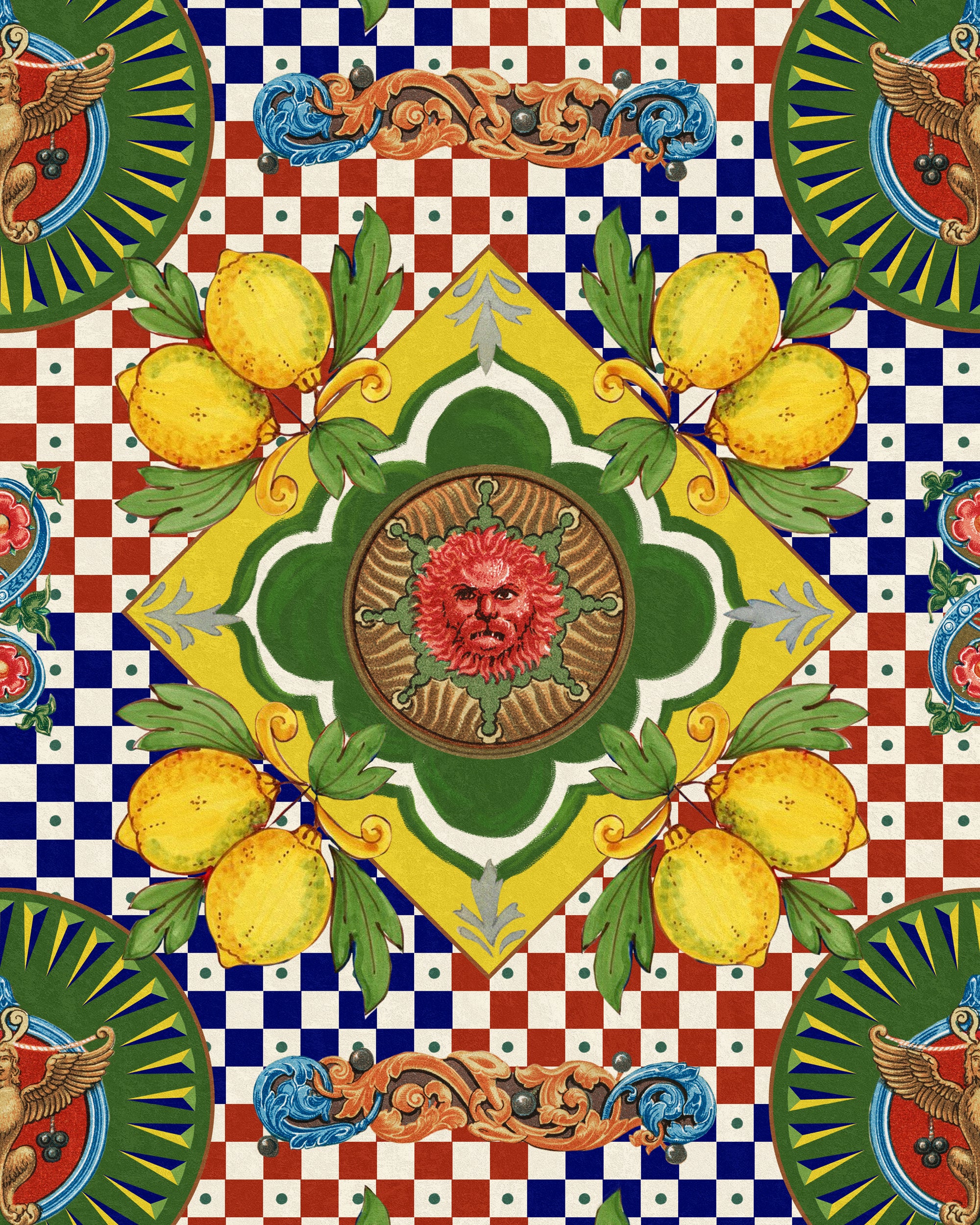 Amalfi wallpaper by Mind the Gap, featuring vibrant colours and dynamic geometric patterns on a checkered background. the pattern features lemons and mythical being faces. Main colours are yellow and green