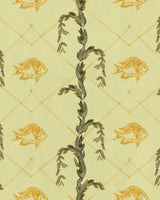 Watercolour green vine with leaves on a lemon-yellow background, flanked by darker yellow fish stamp-like patterns