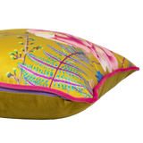 Brightly coloured floral cushion with pinks and purples and chartreuse colours