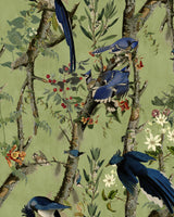 Vintage-style wallpaper of birds, flowers, and foliage in tones of beige, brown, green, and muted red. hand-painted aesthetic.