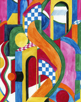 Photo of Bossa Nova wallpaper by mind the gap. A vibrant abstract design featuring curved and geometric shapes in bold colours like pink, orange, green, blue, and yellow. It includes checkerboard patterns, arches, and circular motifs.