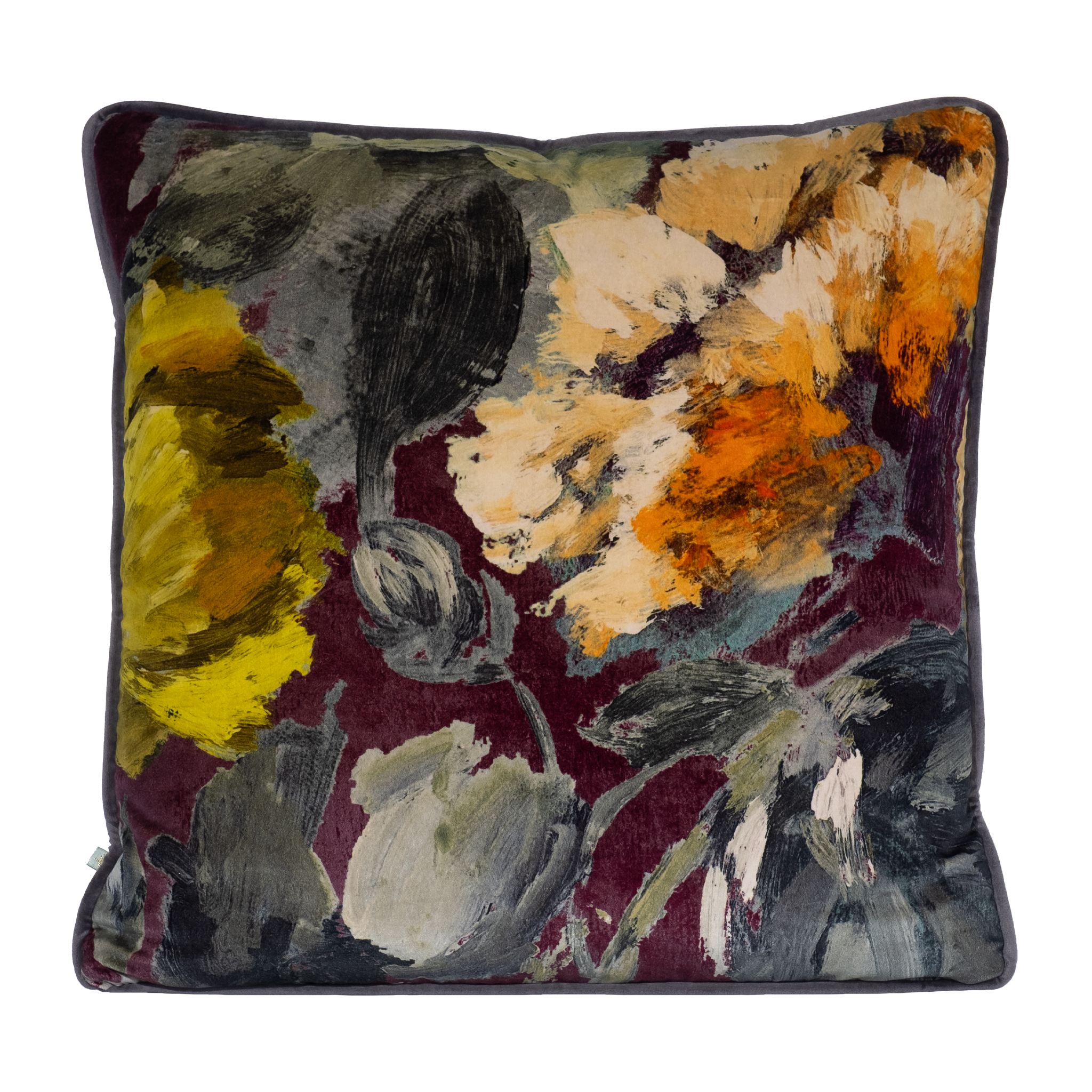 Floral patterned pillow with abstract design on a deep pruple background