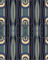 CARAMELLA Blu wallpaper featuring an Art Deco-inspired geometric pattern in deep blue, teal, and cream with bold symmetrical shapes