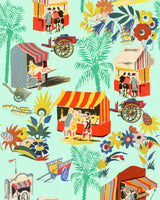 Mint green wallpaper with intricate hand-drawn illustrations of a traditional Italian food carts, by Mind the Gap. The wallpaper also features flowers and palm trees