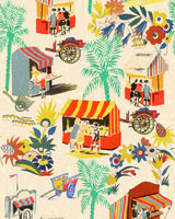 cream coloured wallpaper with intricate hand-drawn illustrations of a traditional Italian food carts, by Mind the Gap. The wallpaper also features flowers and palm trees