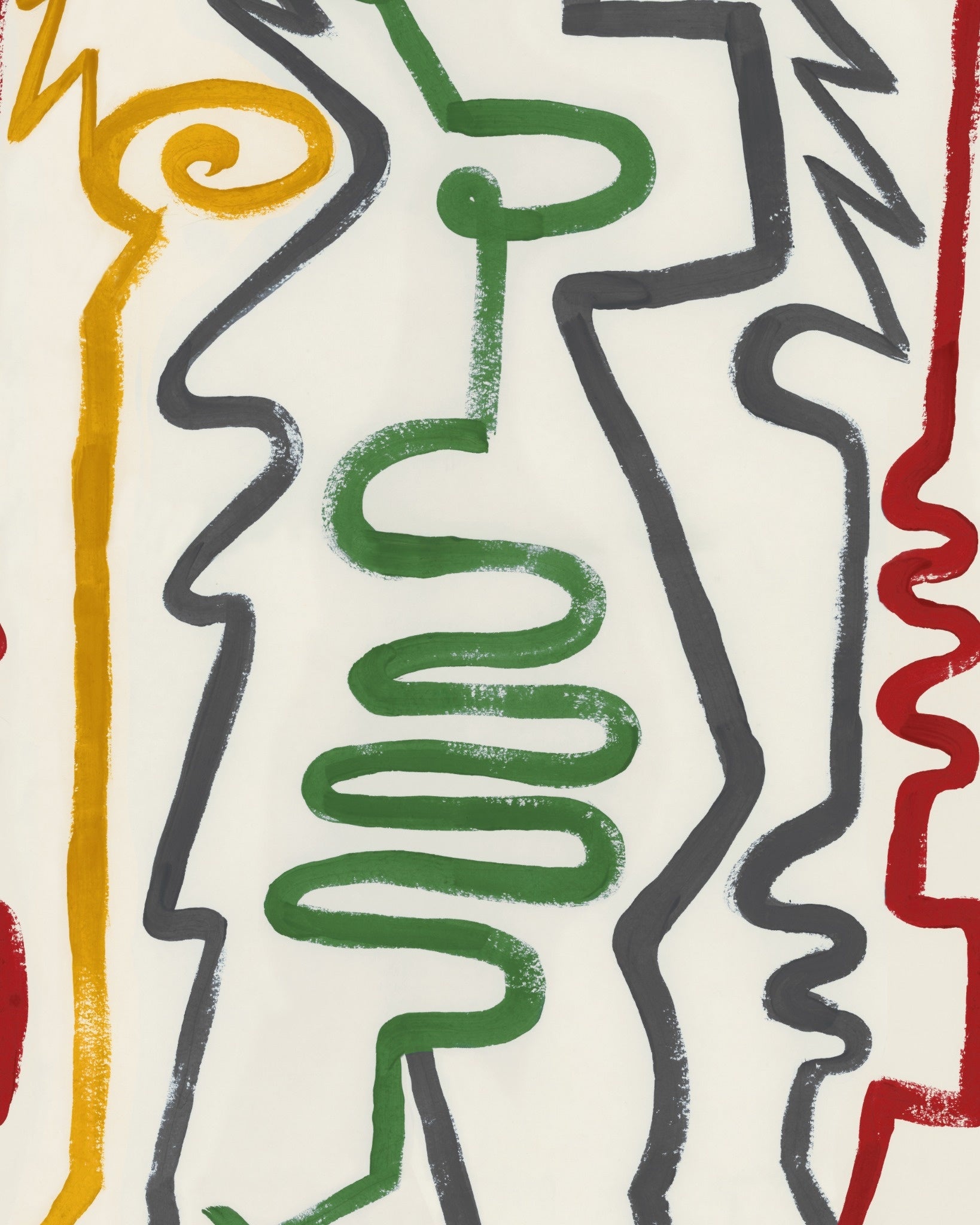 Abstract line art wallpaper with bold black, green, red, and yellow squiggles and outlines on a cream background, evoking stylised faces.