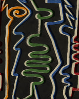 Colourful abstract line art with green, blue, red, and orange on black background