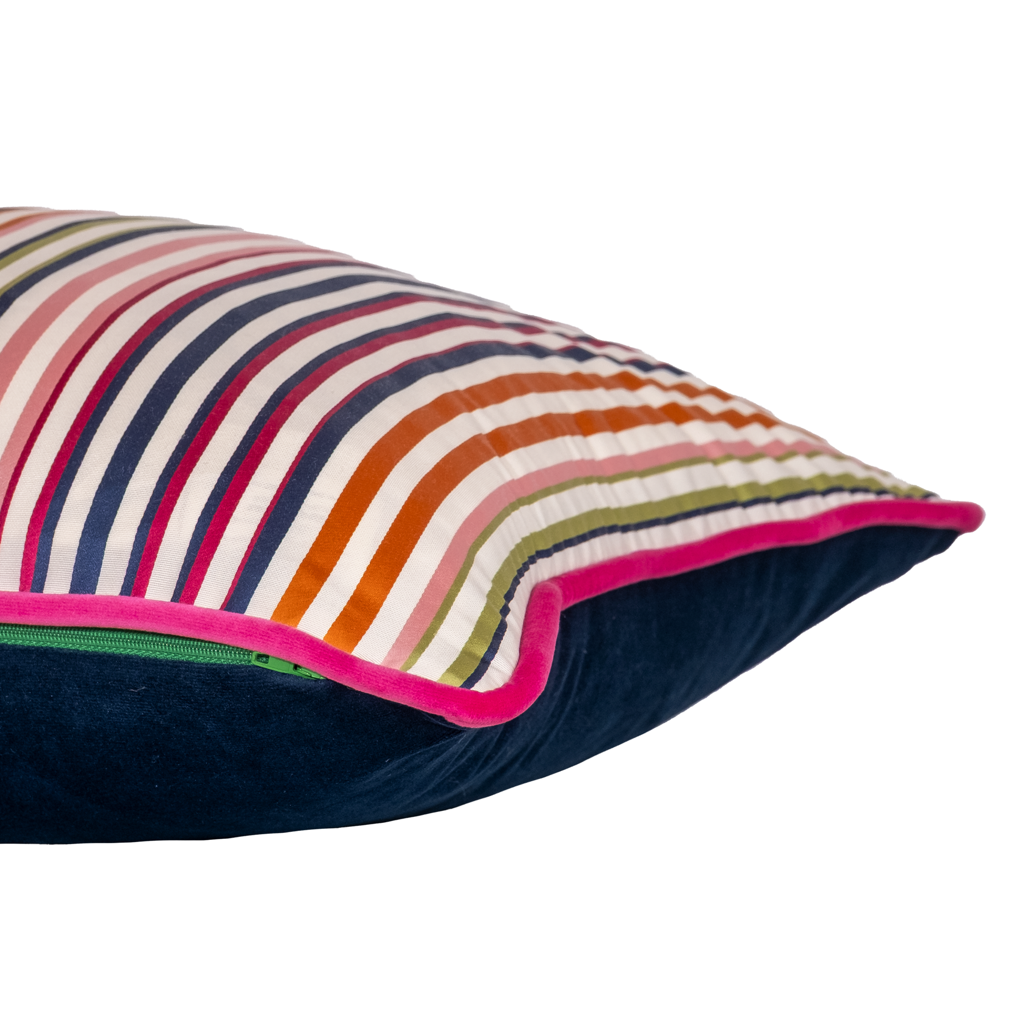 Side shot of a decorative cushion with a crisp white background and narrow multicoloured stripe