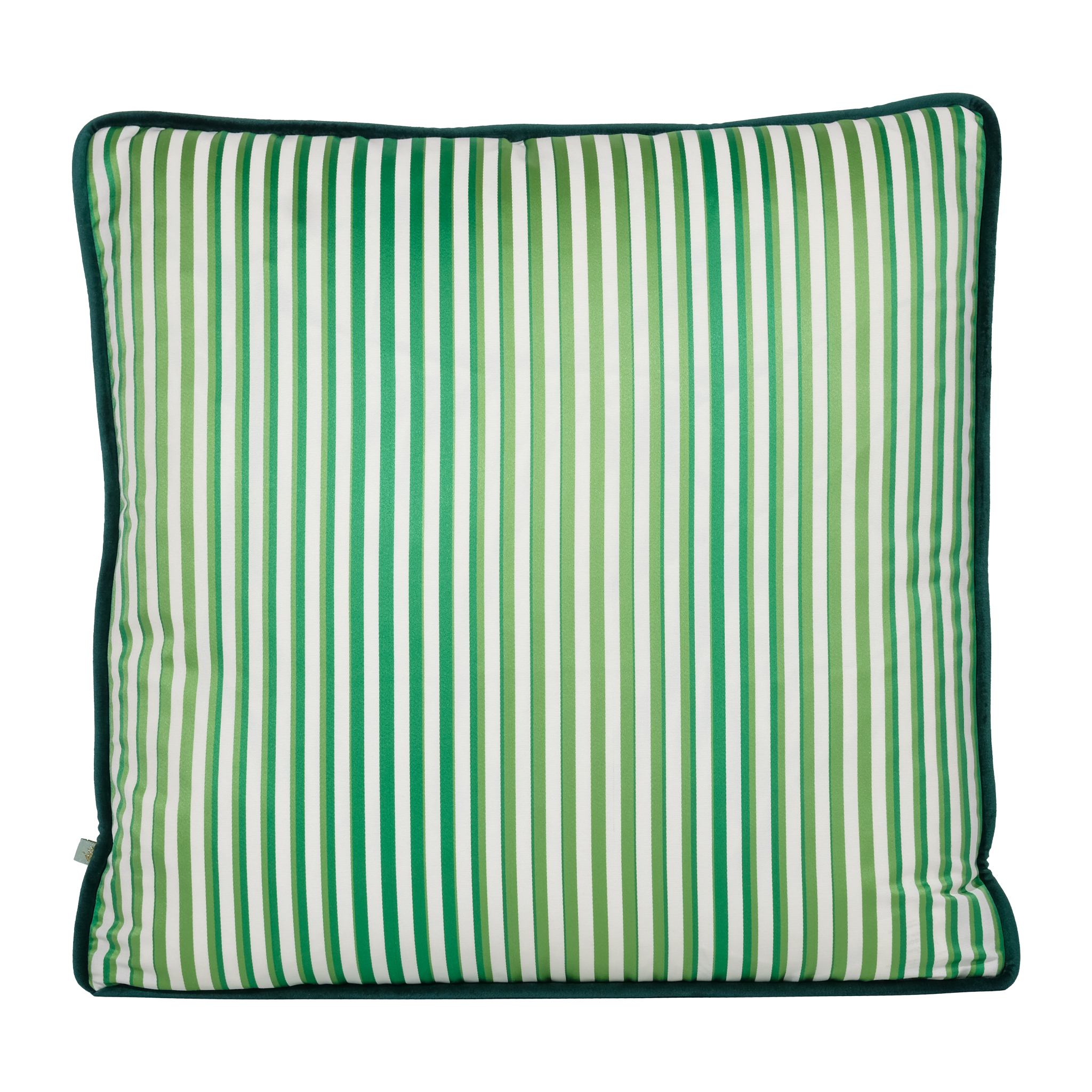 Green and white striped pillow on a white background