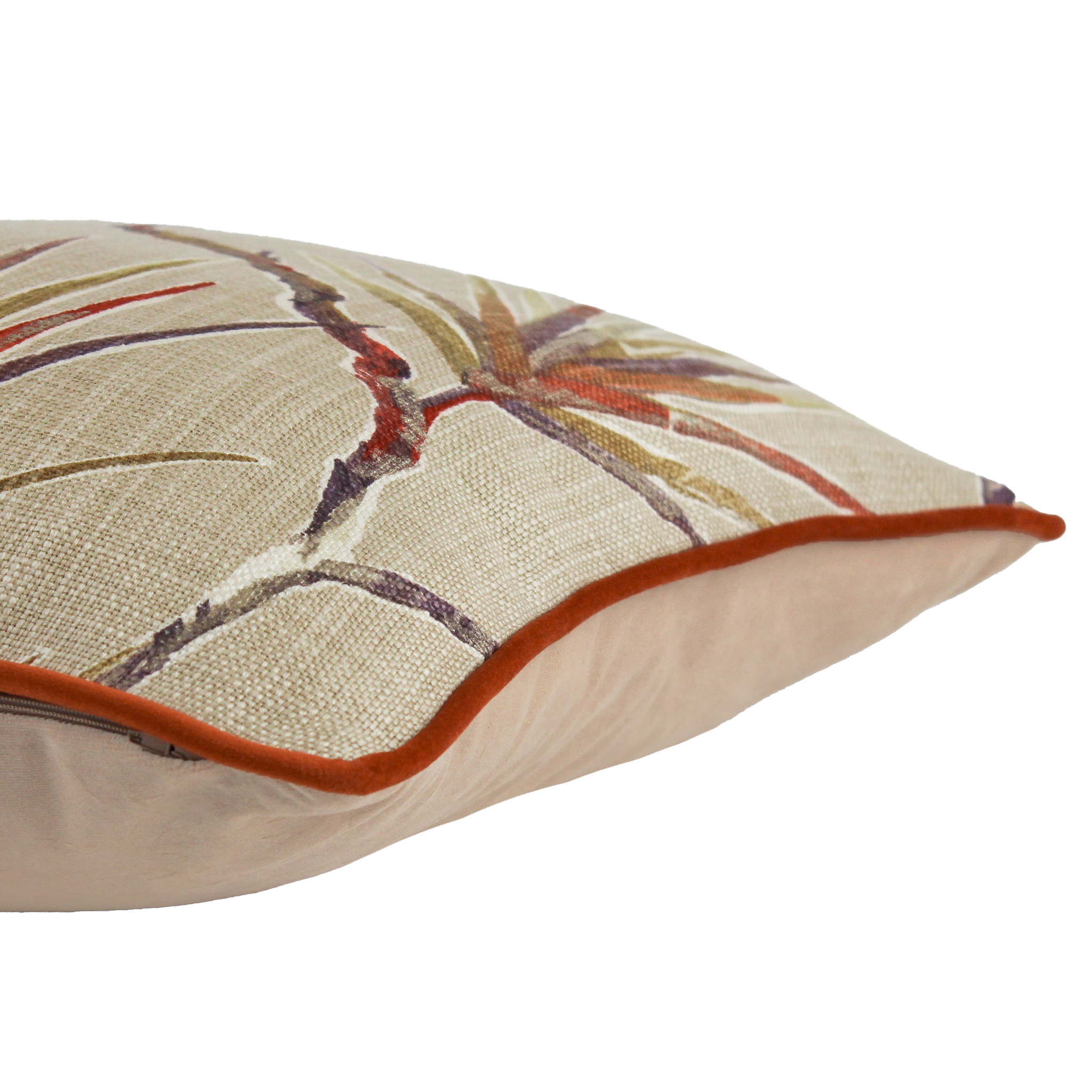 Decorative pillow with floral pattern and brown border on a white background