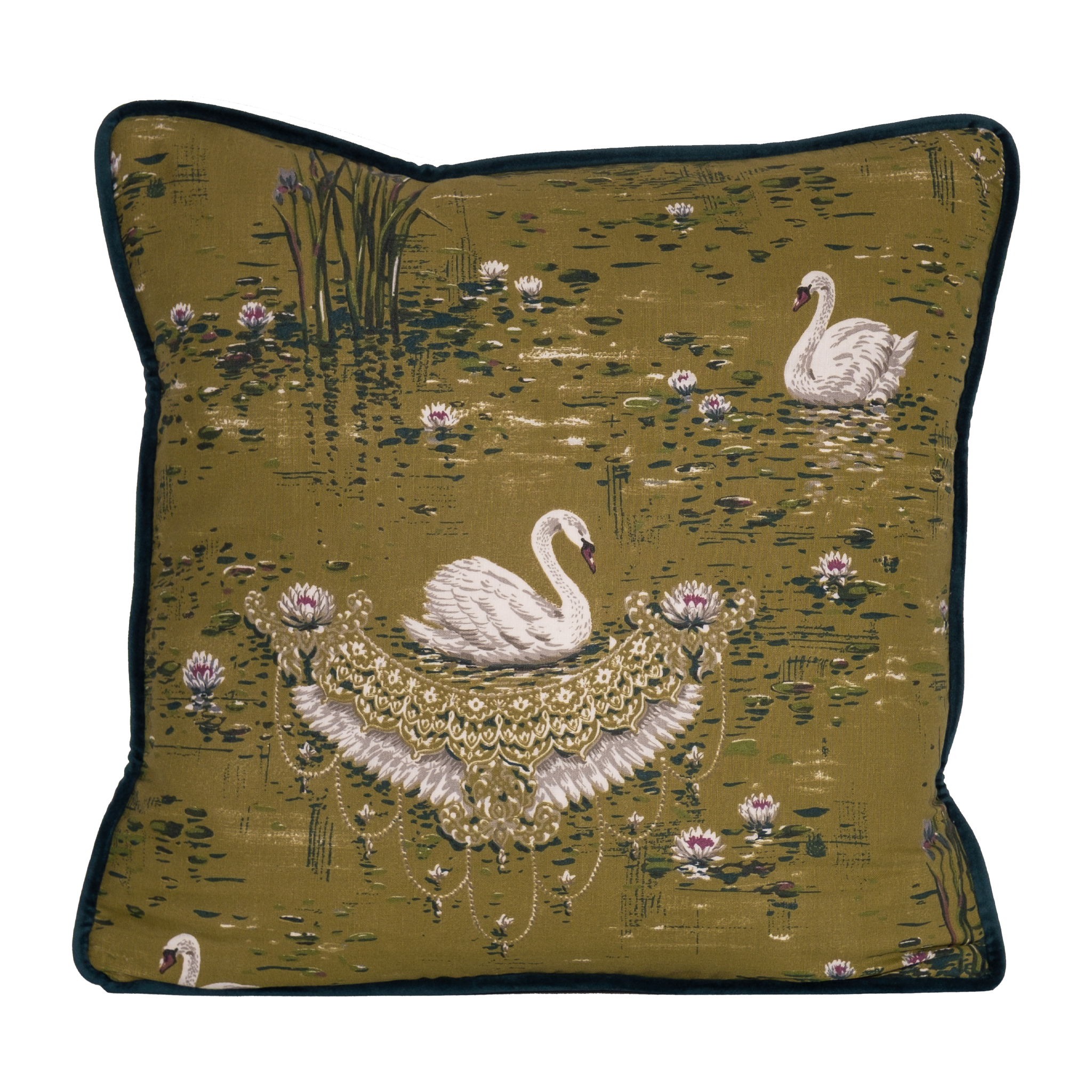 Cushion with white swans and flowers on an olive coloured base
