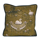 Cushion with white swans and flowers on an olive coloured base