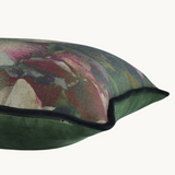 Side shot of a large scale moody floral with overblown hydrangea flowers printed on linen