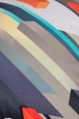 Close-up of a fabric with geometric pattern featuring multicolor stripes.