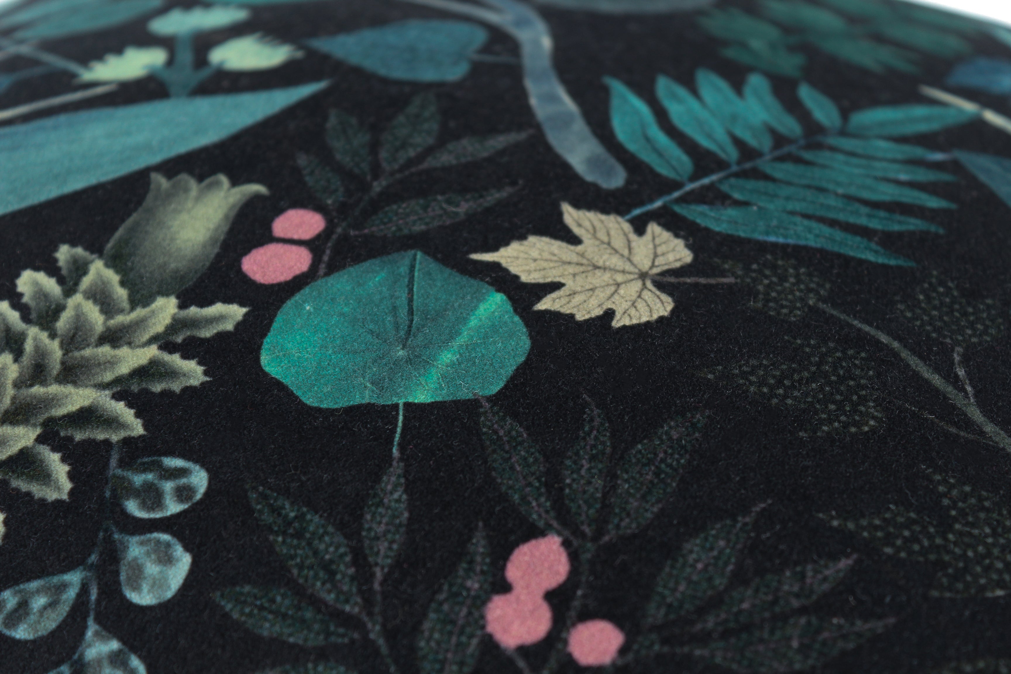 Close up of a velvet with a leafy botanical pattern on a black background
