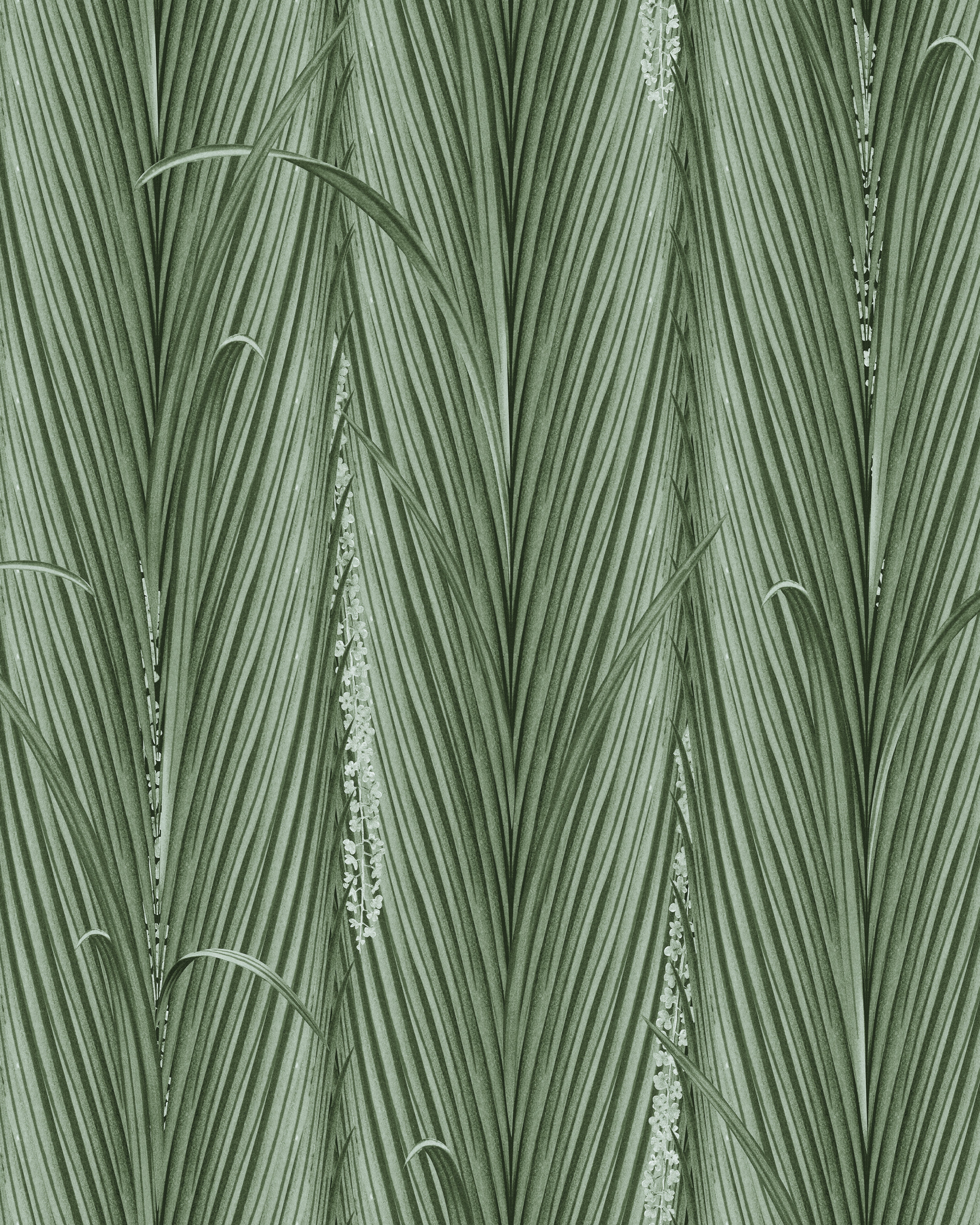 Image of Danube foliage Absinthe wallpaper by mind the gap. detailed botanical pattern featuring vertically aligned palm or reed-like leaves in shades of forest green, with fine lines and subtle cream accents resembling seeds or flowers. The artwork has a naturalistic, textured look, evoking a tropical vibe.