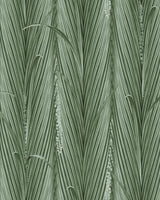 Image of Danube foliage Absinthe wallpaper by mind the gap. detailed botanical pattern featuring vertically aligned palm or reed-like leaves in shades of forest green, with fine lines and subtle cream accents resembling seeds or flowers. The artwork has a naturalistic, textured look, evoking a tropical vibe.