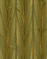 image of Danube foliage autumn wallpaper by mind the gap. detailed botanical pattern featuring vertically aligned palm or reed-like leaves in shades of olive green, with fine lines and subtle gold accents resembling seeds or flowers. The artwork has a naturalistic, textured look, evoking a tropical vibe.