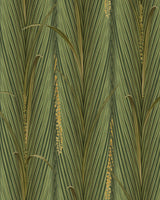 Image of Danube foliage peridot wallpaper by mind the gap. Detailed botanical pattern featuring vertically aligned palm or reed-like leaves in shades of golden green, with fine lines and subtle cream accents resembling seeds or flowers. The artwork has a naturalistic, textured look, evoking a tropical vibe.