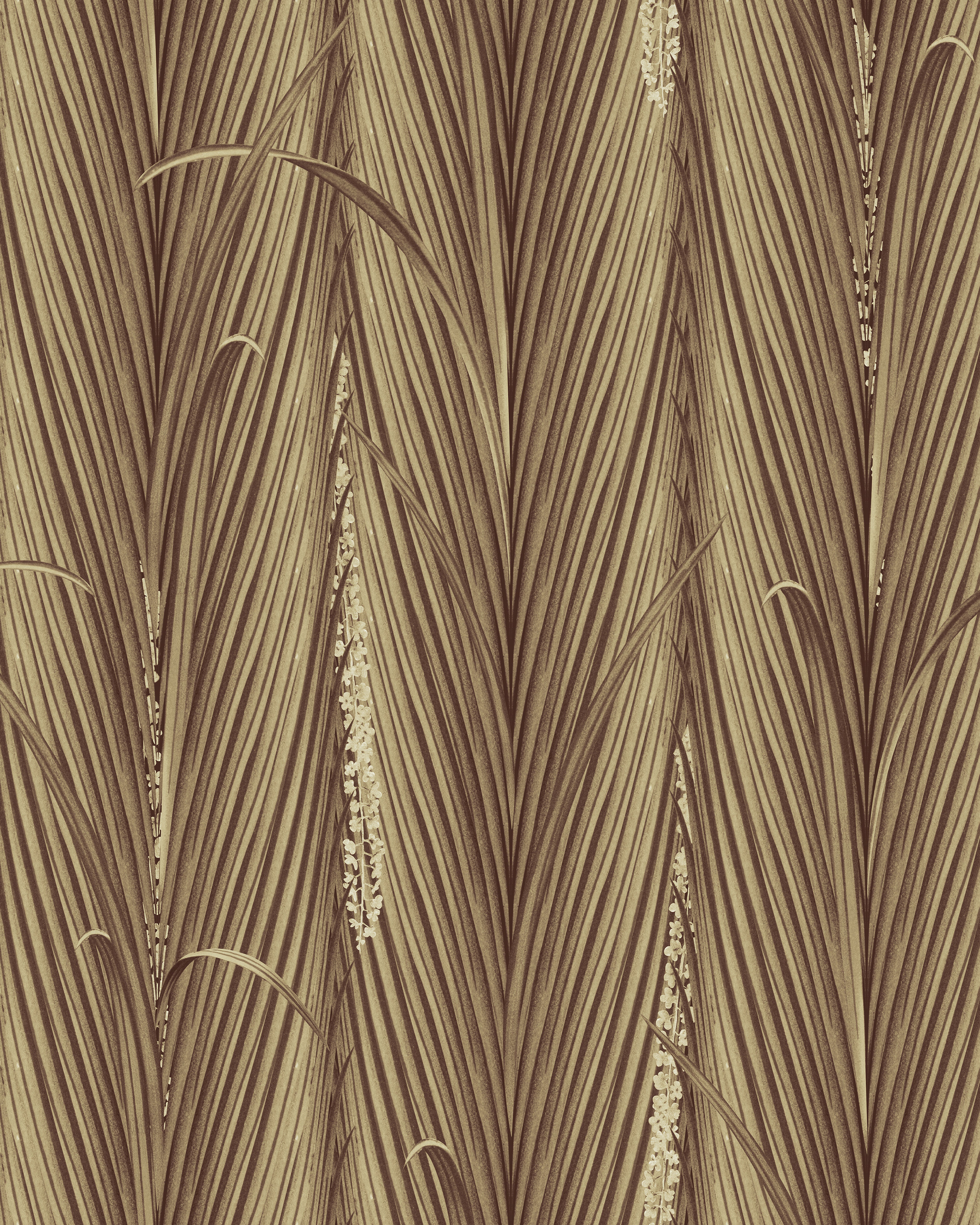 image of Danube foliage sepia wallpaper by mind the gap. detailed botanical pattern featuring vertically aligned palm or reed-like leaves in shades of brown, with fine lines and subtle cream accents resembling seeds or flowers. The artwork has a naturalistic, textured look, evoking a tropical vibe.