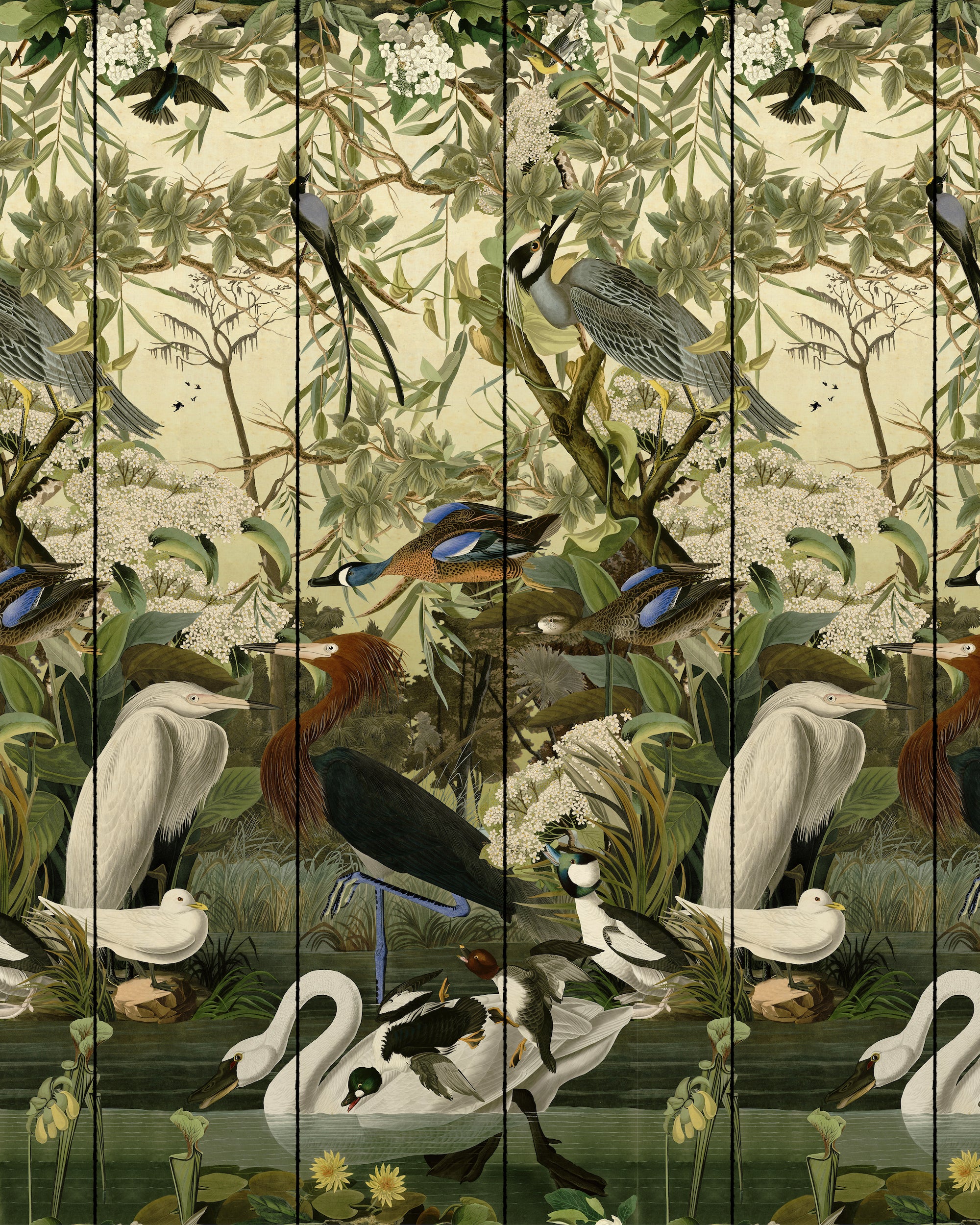 Elegant wallpaper with different birds, flowers, and foliage in lake setting creating a vintage, hand-painted look.