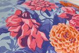 Close-up of a colorful floral pattern with pink and orange flowers on a blue background.