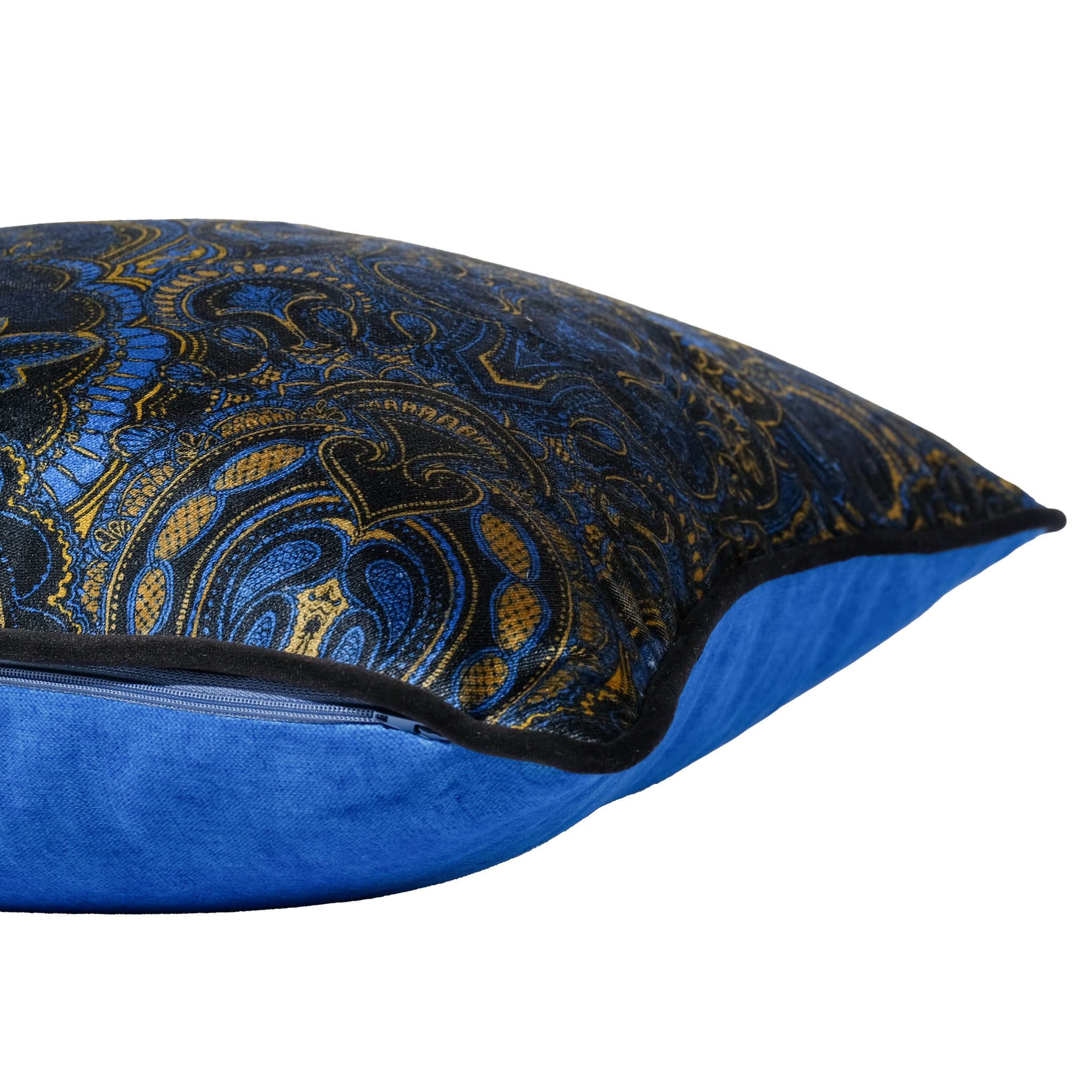 Side shot of a decorative cushion with a moody dark blue and black intricate persian damask