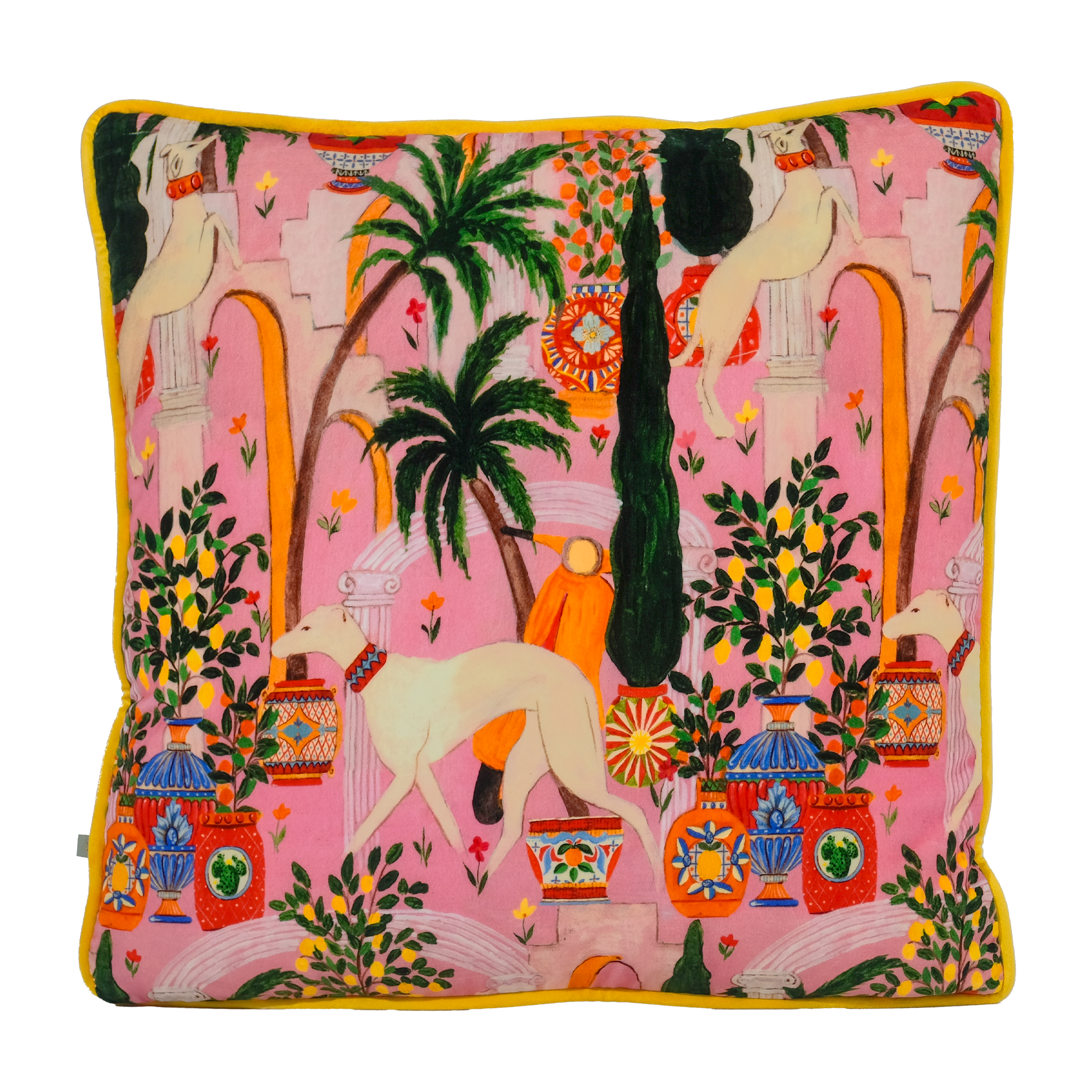 A square decorative throw pillow featuring a vibrant, hand-painted style illustration of a pink classical garden with white dogs, palm trees, and colorful vases, finished with a yellow border.