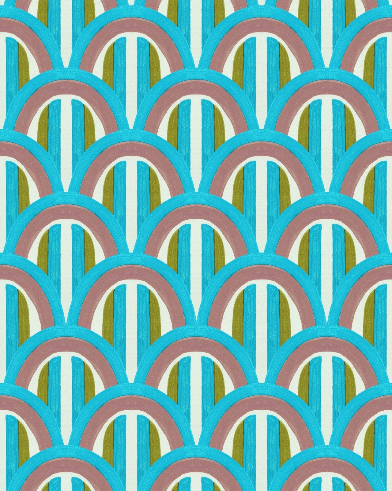 Light and airy wallpaper with blue, pink, and green overlapping arches, creating a soft and harmonious geometric pattern.