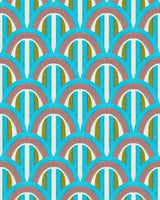 Light and airy wallpaper with blue, pink, and green overlapping arches, creating a soft and harmonious geometric pattern.