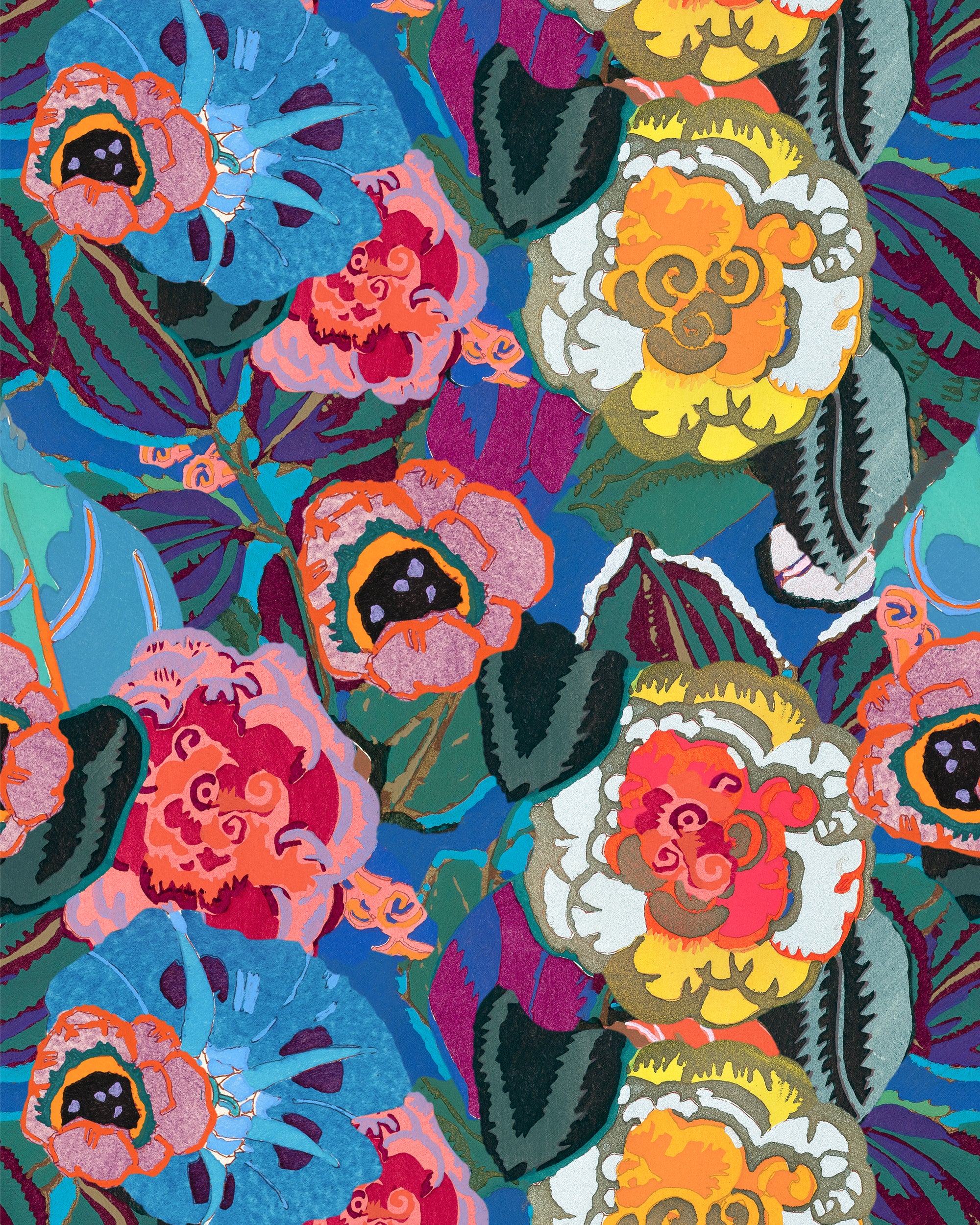 wallpaper from Mind the Gap featuring florals and leaves. warm tone colours are used - pinks, yellows, oranges teal and blue. dynamic looking design