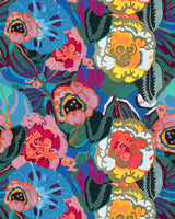 wallpaper from Mind the Gap featuring florals and leaves. warm tone colours are used - pinks, yellows, oranges teal and blue. dynamic looking design