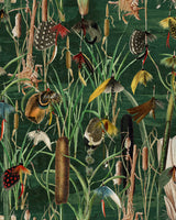 a detailed pattern of fishing flies in vibrant hues of green, orange, red and yellow, set against a dark green background. The finely illustrated flies evoke a vintage aesthetic.