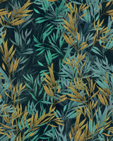 Foliage using dark navy as background and leaves in different shades of gold, aqua, blue and light green