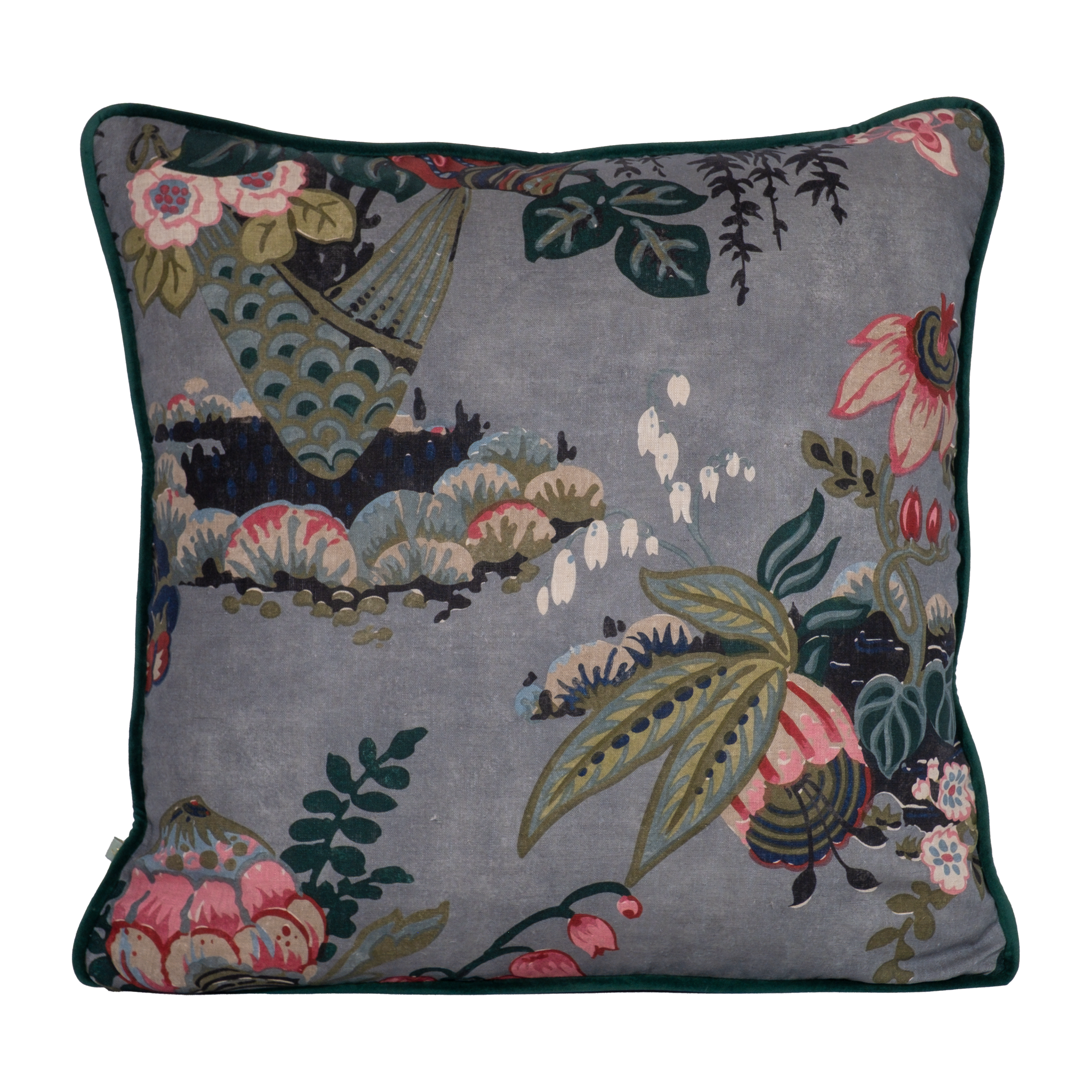 Decorative floral cushion with large boquet of flowers in grey pink red navy and aquamarine.