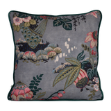 Decorative floral cushion with large boquet of flowers in grey pink red navy and aquamarine.