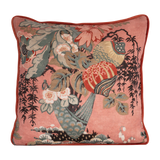 Decorative linen cushion with a large boquet of flowers in salmon, red, duck egg blue and rich brown.