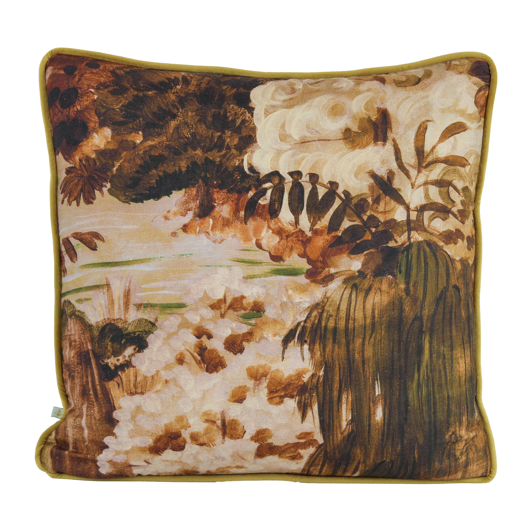Cushion featuring an impressionist style painting of a forest scene