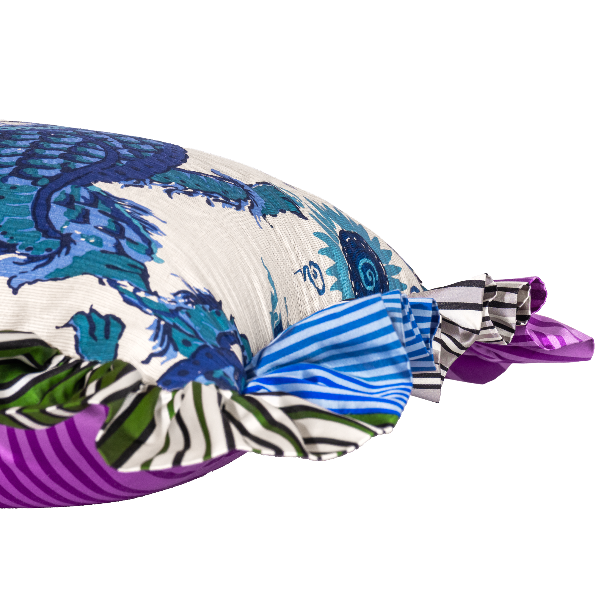 Side shot of a frilled cushion with stripes in blue and purple