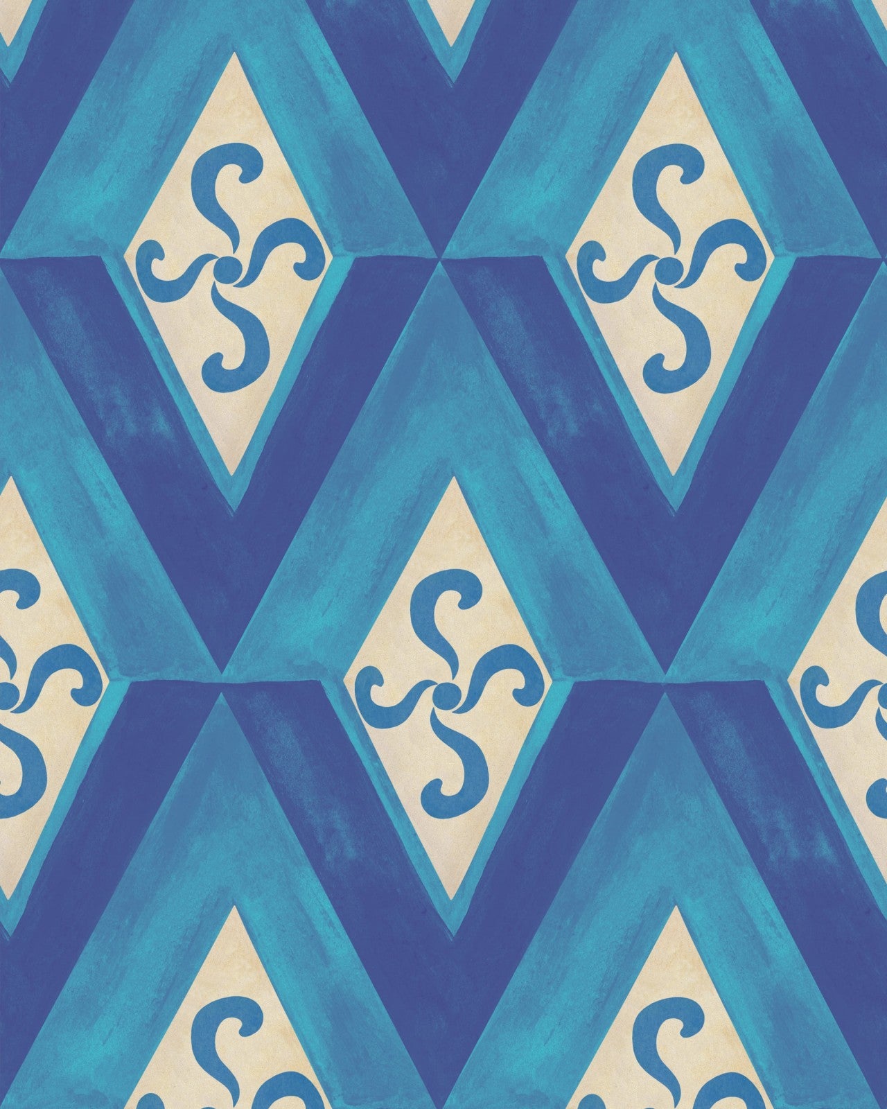 Girandola Azure wallpaper featuring bold blue zigzag patterns and intricate swirling motifs, inspired by Mediterranean design and classic elegance