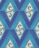 Girandola Azure wallpaper featuring bold blue zigzag patterns and intricate swirling motifs, inspired by Mediterranean design and classic elegance