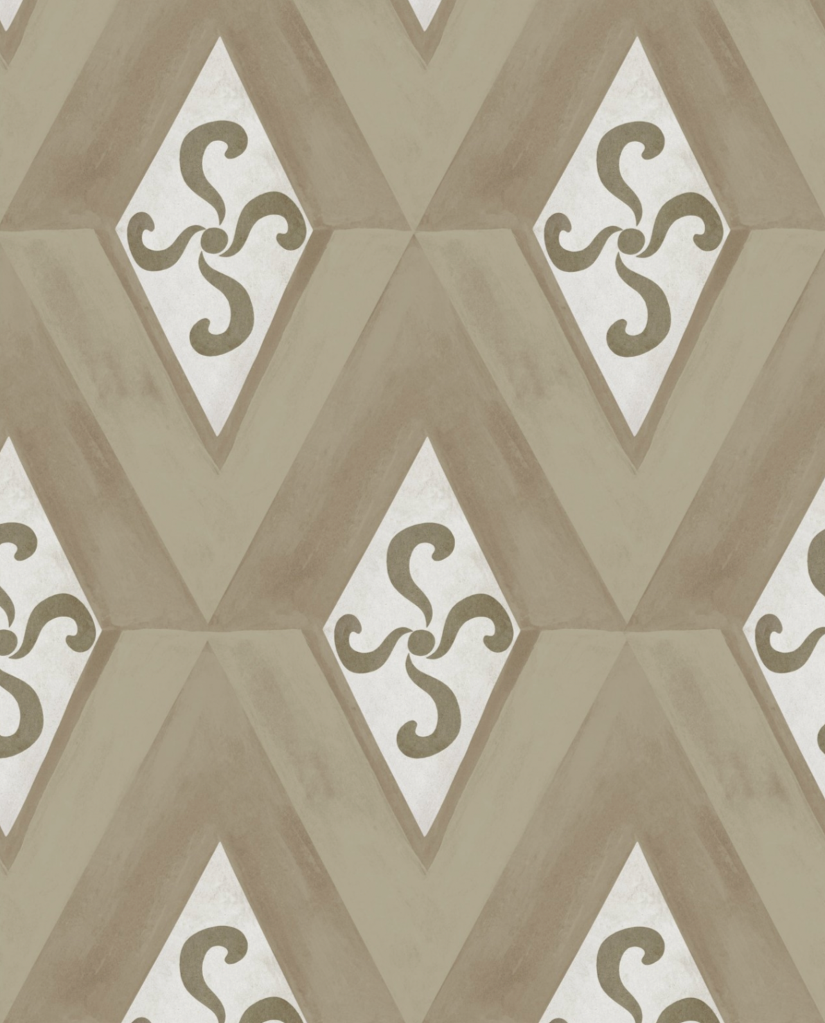 wallpaper featuring a neutral-toned zigzag pattern with ornate swirling motifs, inspired by Mediterranean elegance and classic design