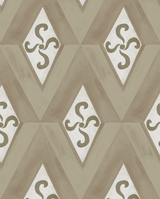 wallpaper featuring a neutral-toned zigzag pattern with ornate swirling motifs, inspired by Mediterranean elegance and classic design