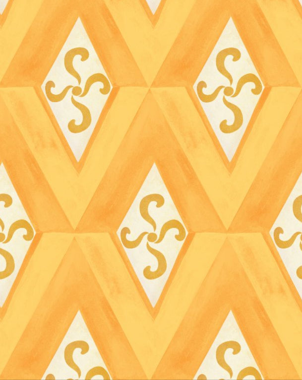 Bold geometric wallpaper in golden yellow with diamond motifs and swirling accents, creating a warm, retro-inspired design with a vintage feel
