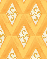 Bold geometric wallpaper in golden yellow with diamond motifs and swirling accents, creating a warm, retro-inspired design with a vintage feel