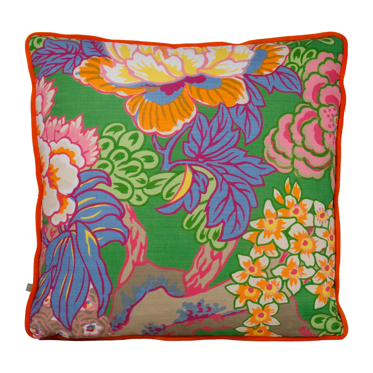 A square decorative throw pillow featuring a vibrant, multicolored floral and botanical print on a green background with a bright orange border.