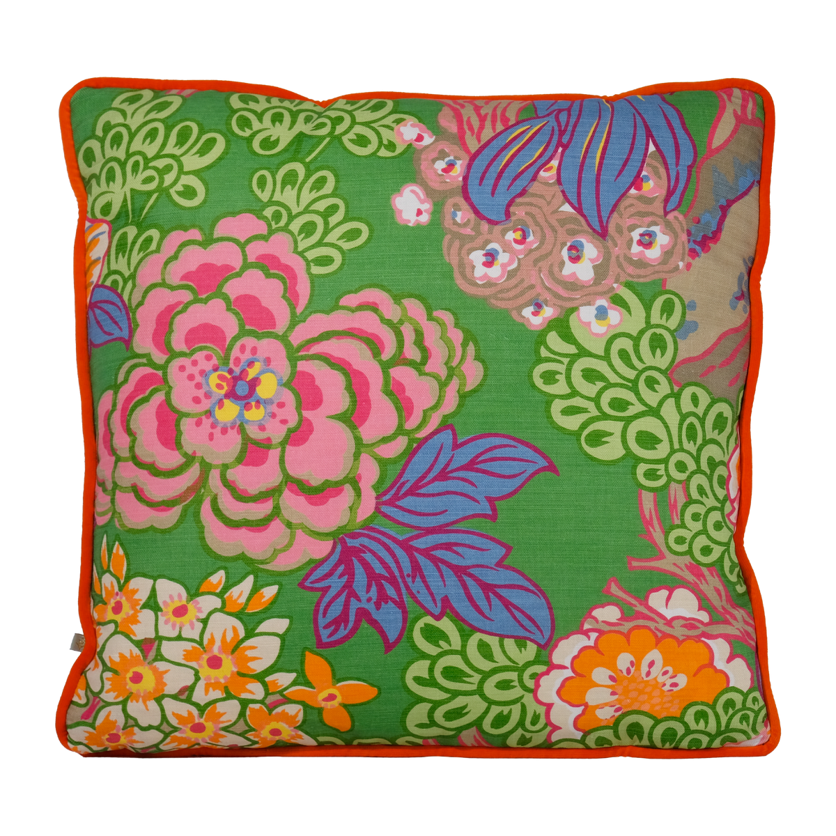 A square decorative throw pillow with a vibrant floral print on a green background, featuring pink, purple, orange, and white flowers, finished with a bright orange border.