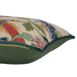 Linen cushion with a large pheasant bird and flowers in red green and blue with a natural base colour