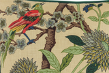 Close up of a printed linen wth birds and flowers